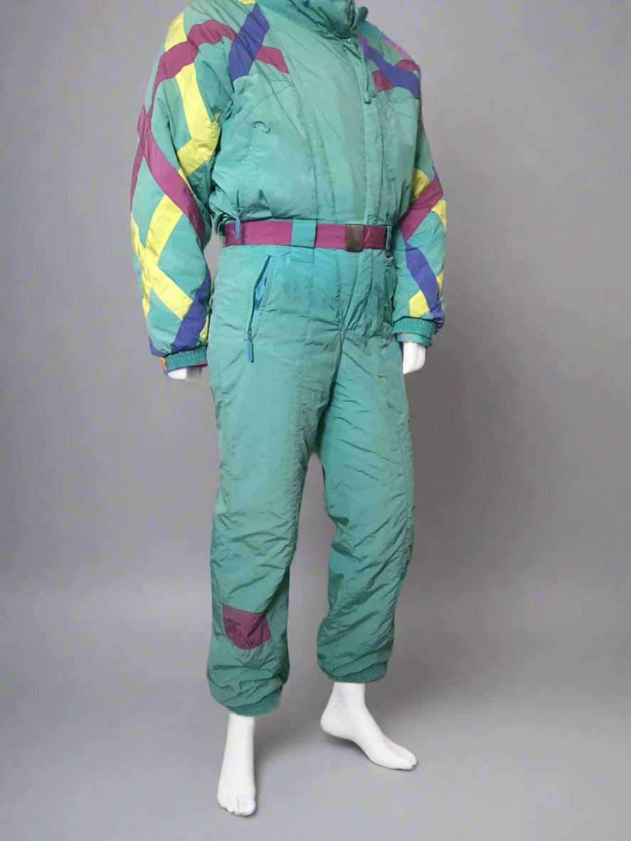 Vintage Mossant Teal Green 1-Piece Ski Suit With Belt on a mannequin