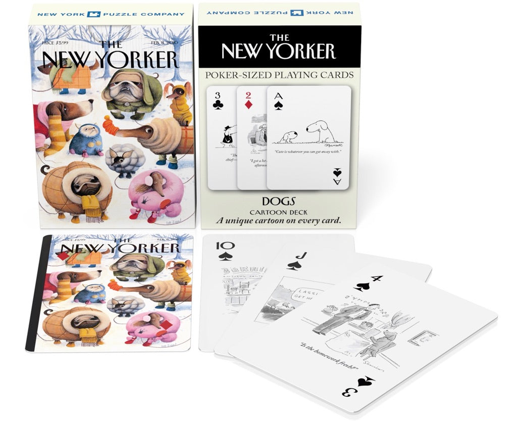 Deck of Playing cards showing The New Yorker Winter Dogs illustration, the card box front & back and 3 playing cards