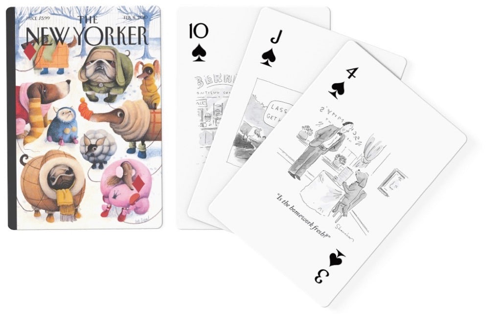 Deck of Playing cards showing The New Yorker Winter Dogs illustration, the card box front and 3 playing cards