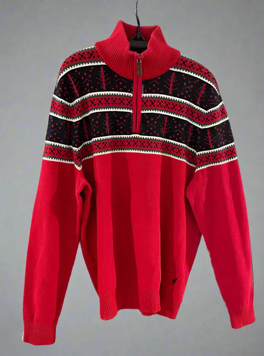 Vintage Nautica Red Fair Isle Style Pattern Jumper