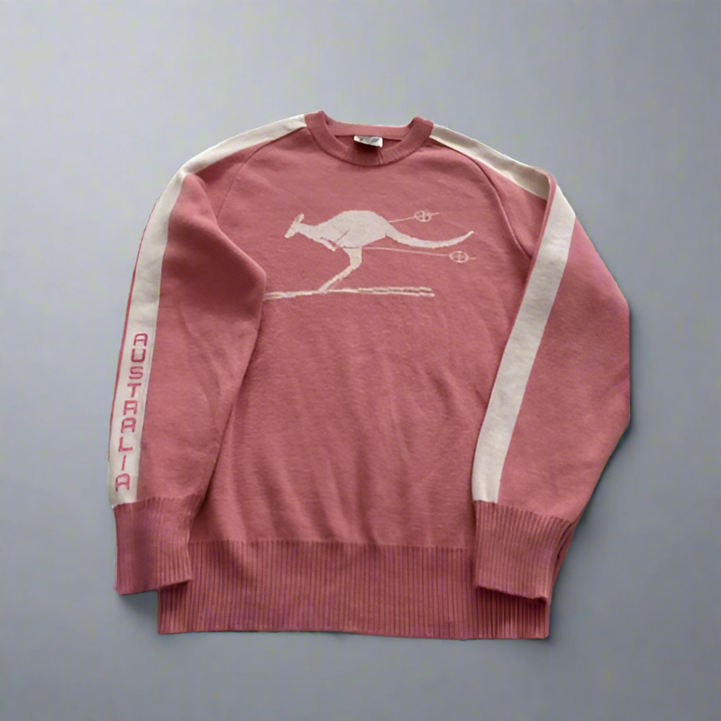 Vintage Candy Pink Skiing Kangaroo Australia Jumper with White Stripes