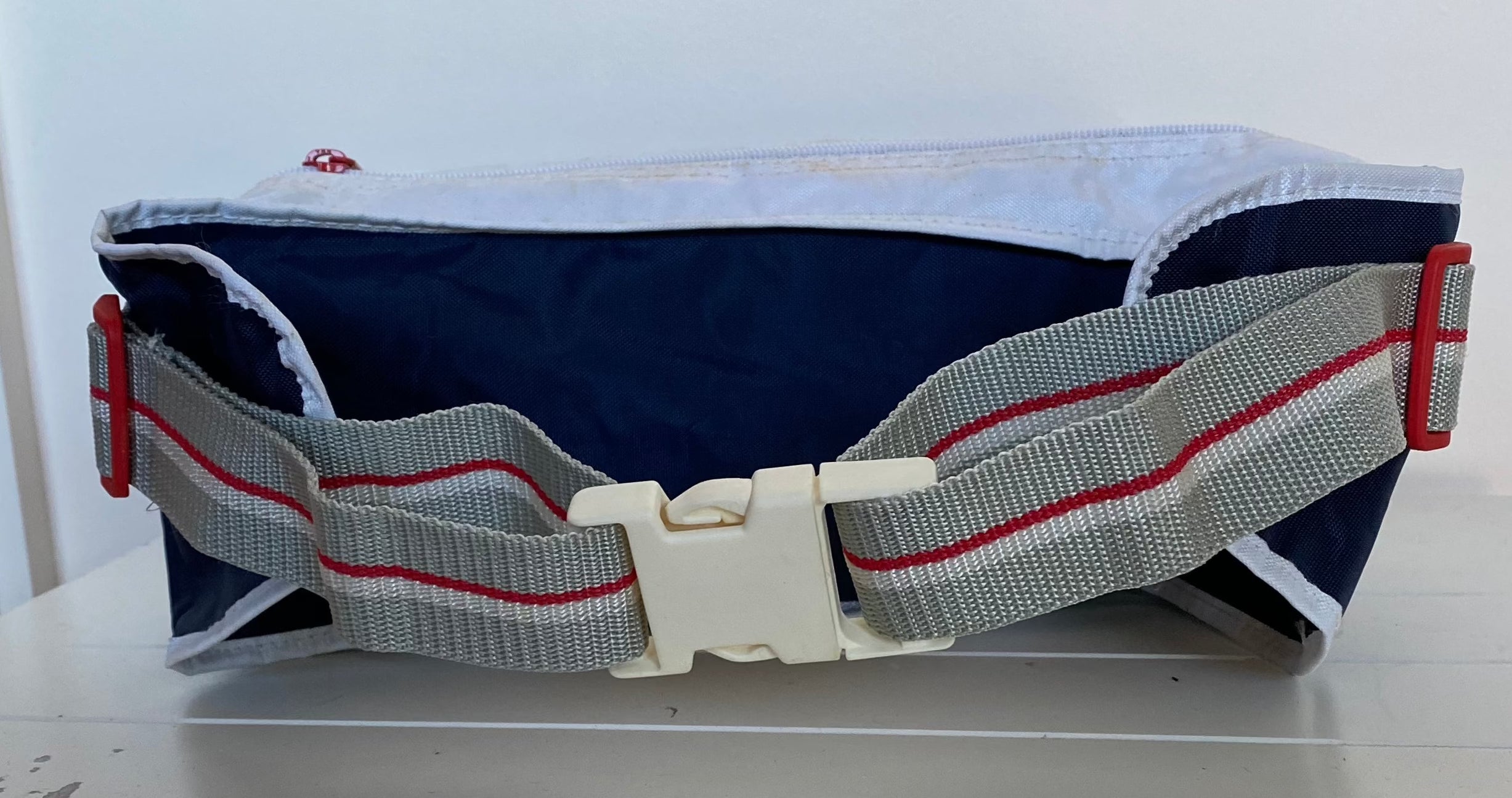 Salomon navy blue and white bag with a grey red & white waist strap bum bag from rear