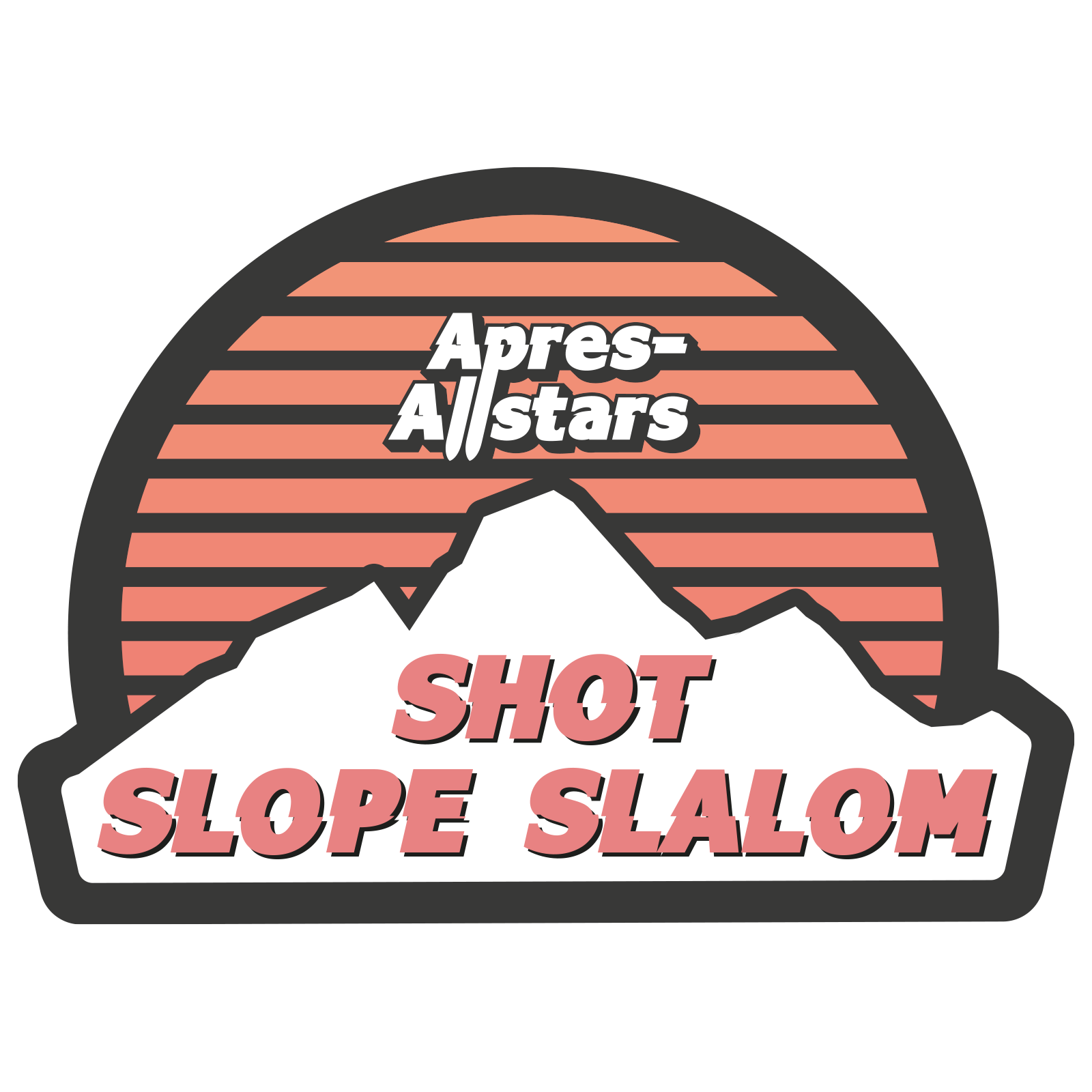 Apres Allstar Shot Slope Slalom logo. Words set against a setting sun  going down over a mountain. 