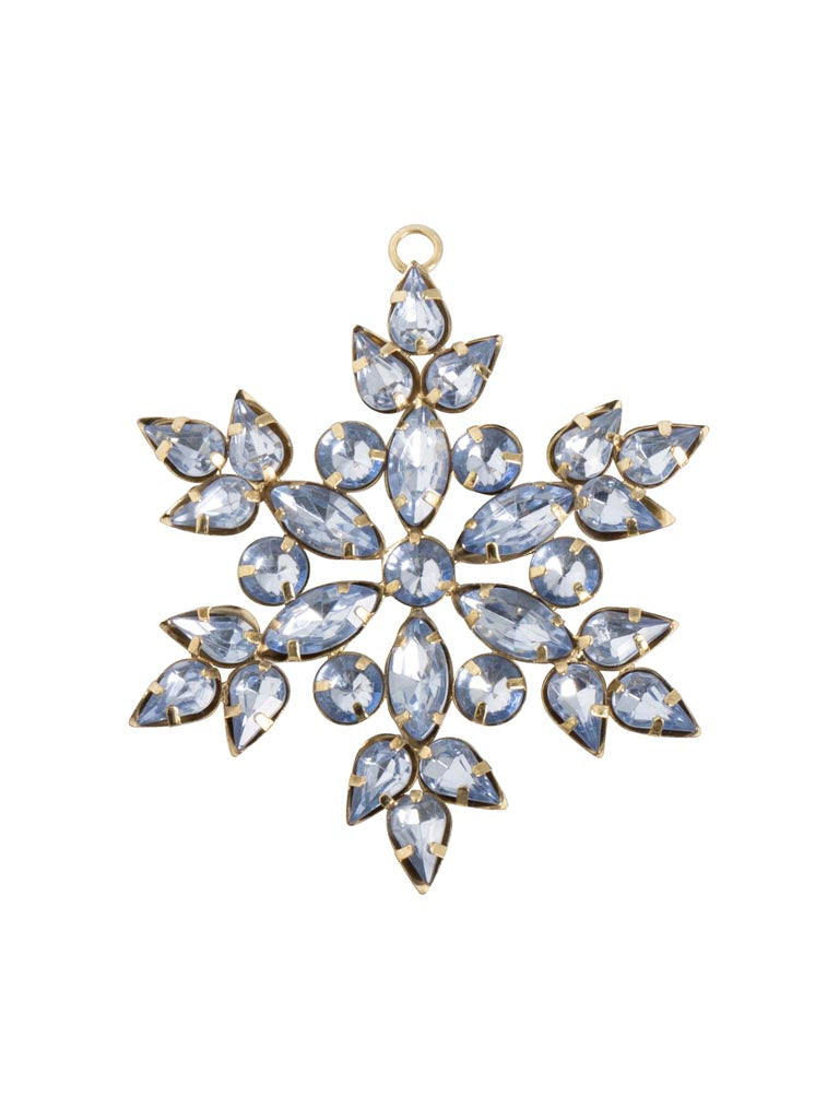 Silver Blue bead snowflake hanging ornament against a white background