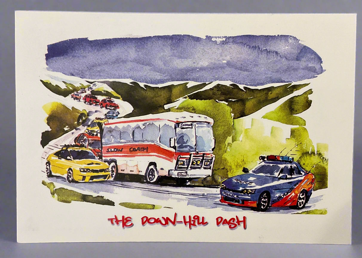 The Downhill Dash Watercolour Image. Colour Postcard. Yellow Snow Designs
