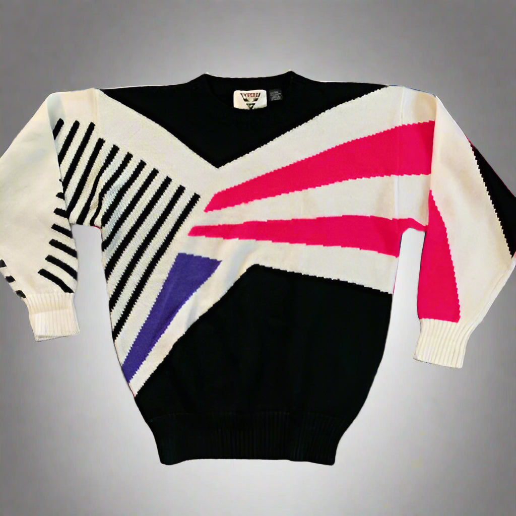 Vintage Tyrolia by Head Black White Pink Purple Geometric Jumper. Flat Lay