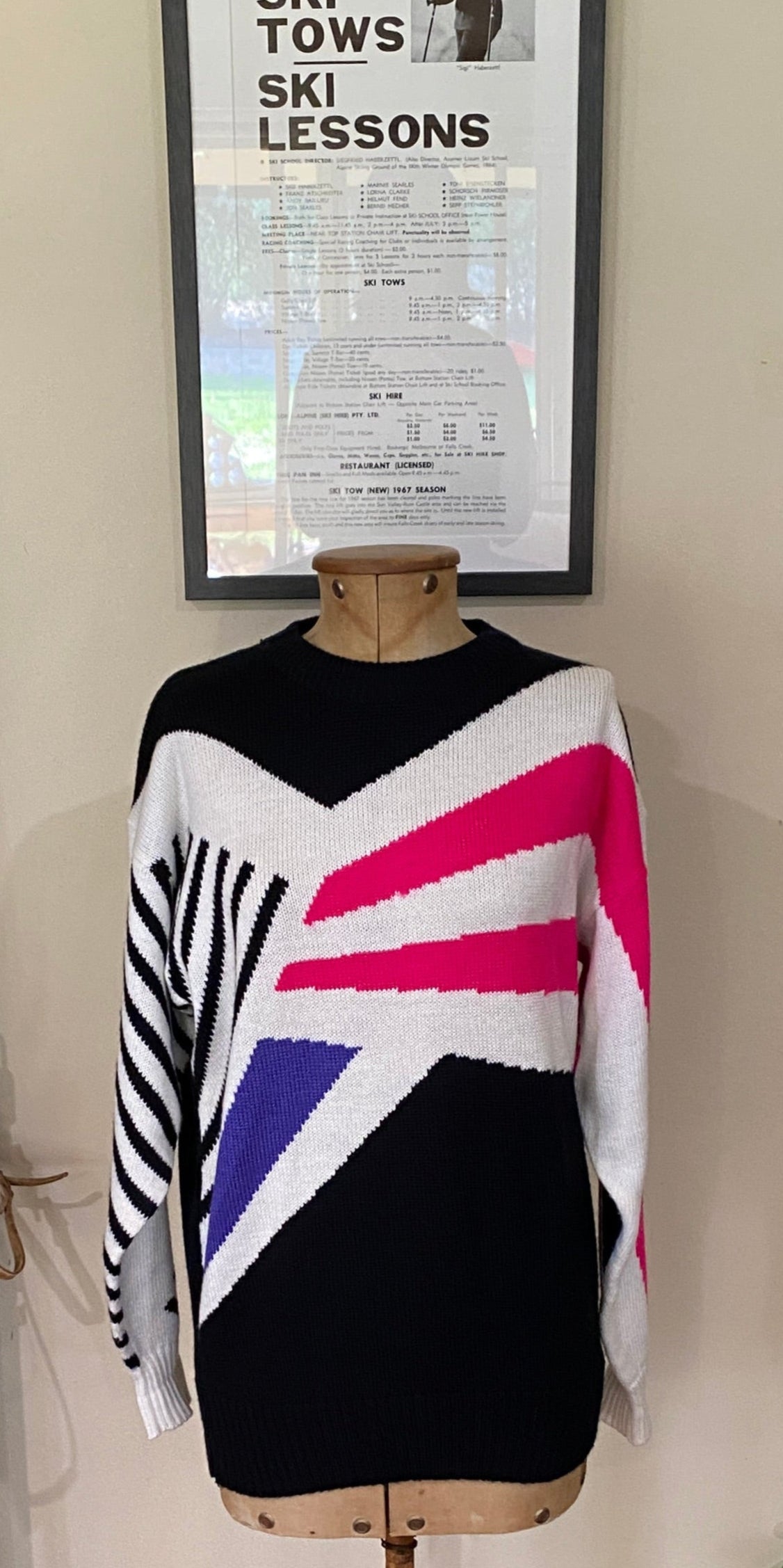 Vintage Tyrolia by Head Black White Pink Purple Geometric Jumper