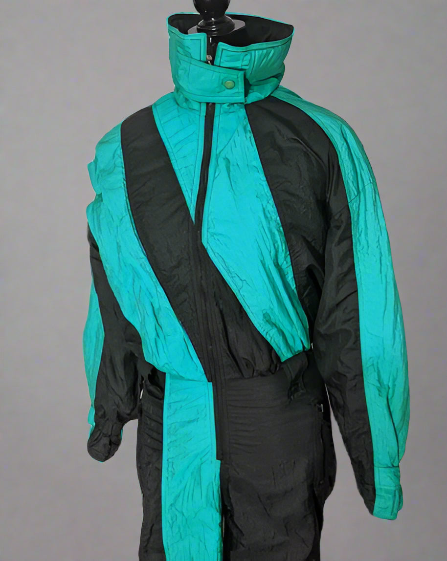 Tyrolia by Head Black & Green Asymmetrical Stripe 1-Piece Ski Suit. No Belt. 