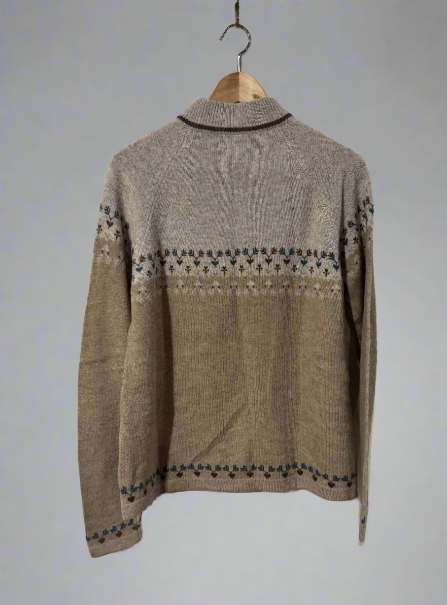 Vintage Woolrich Oatmeal Camel Coloured Jumper With Brown & Teal Love Heart and Deer Style Pattern. Back