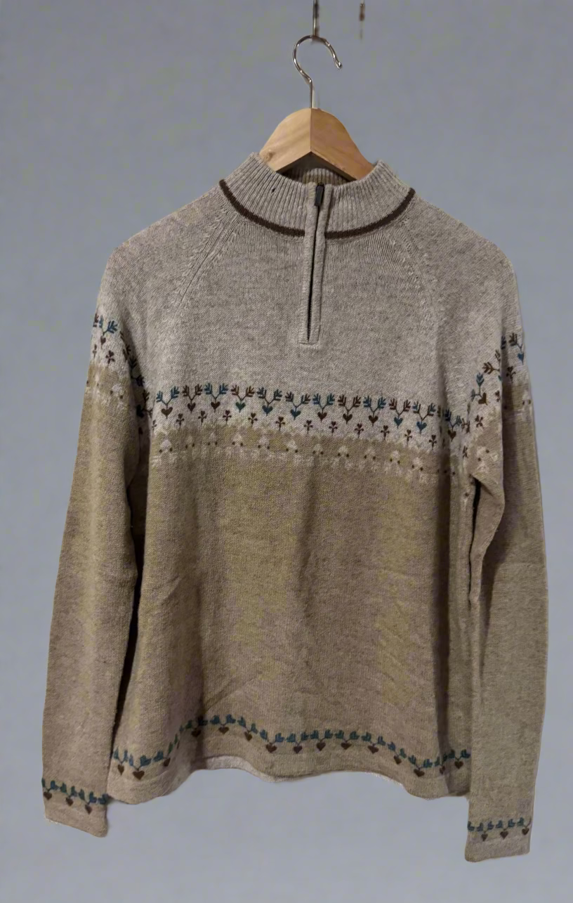 Vintage Woolrich Oatmeal Camel Coloured Jumper With Brown & Teal Love Heart and Deer Style Pattern