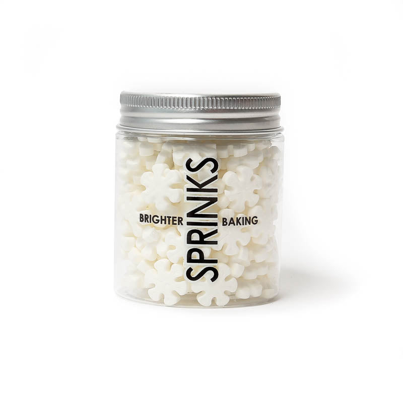 Image of container of white snowflake shaped sprinkles for cake or cookie decorating viewed from the front with label visible. 
