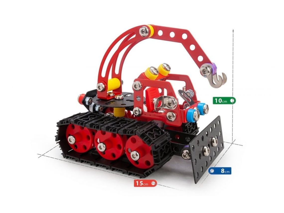 Photo of a red Constructor Nordic Snowcat with black caterpillar wheel tread and some yellow and blue bolts against a white background. Dimensions are shown against the toy.
