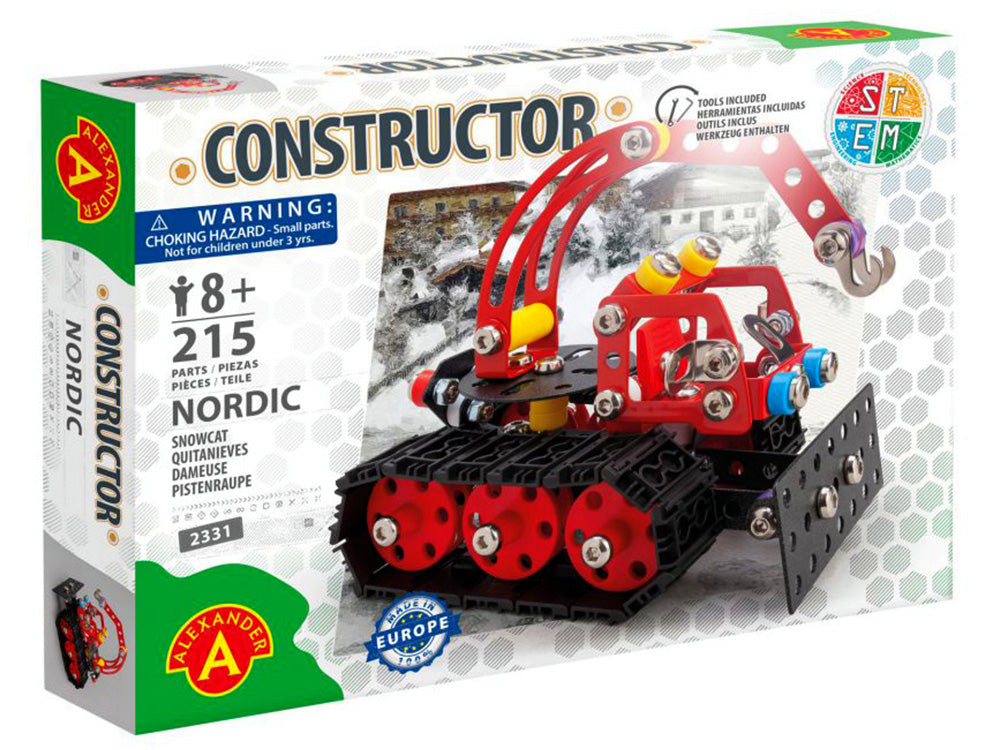Photo of the toy box of the Constructor Snow Cat, showing a red vehicle with black caterpillar wheels driving along a snowy landscape with down buildings in the background.