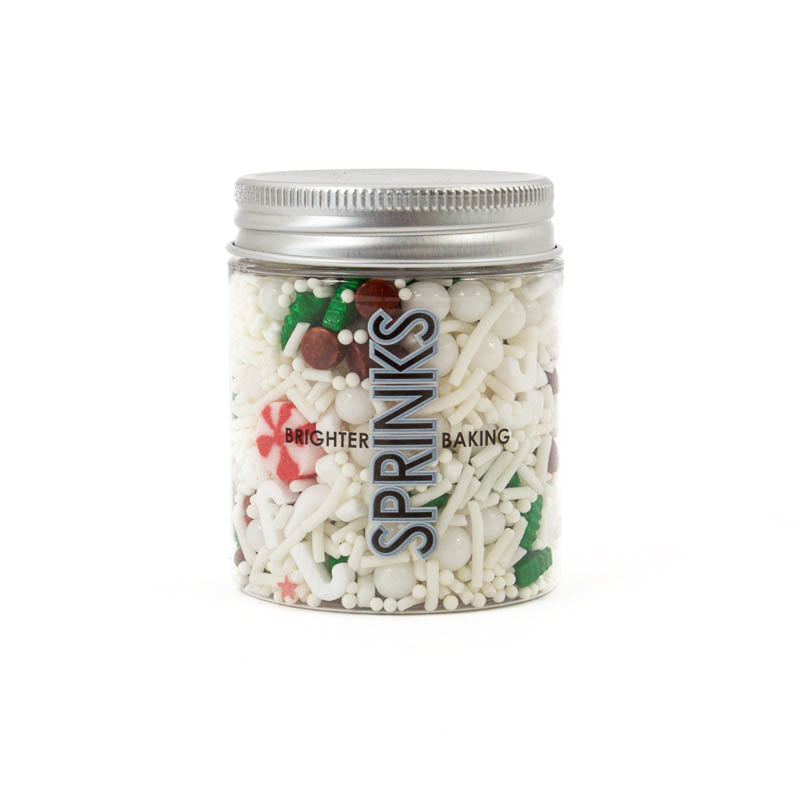 Image of container of white snowflake, green tree, red & white candy, white ball and brown circular shaped sprinkles for cake or cookie decorating. Viewed from the front with label visible 
