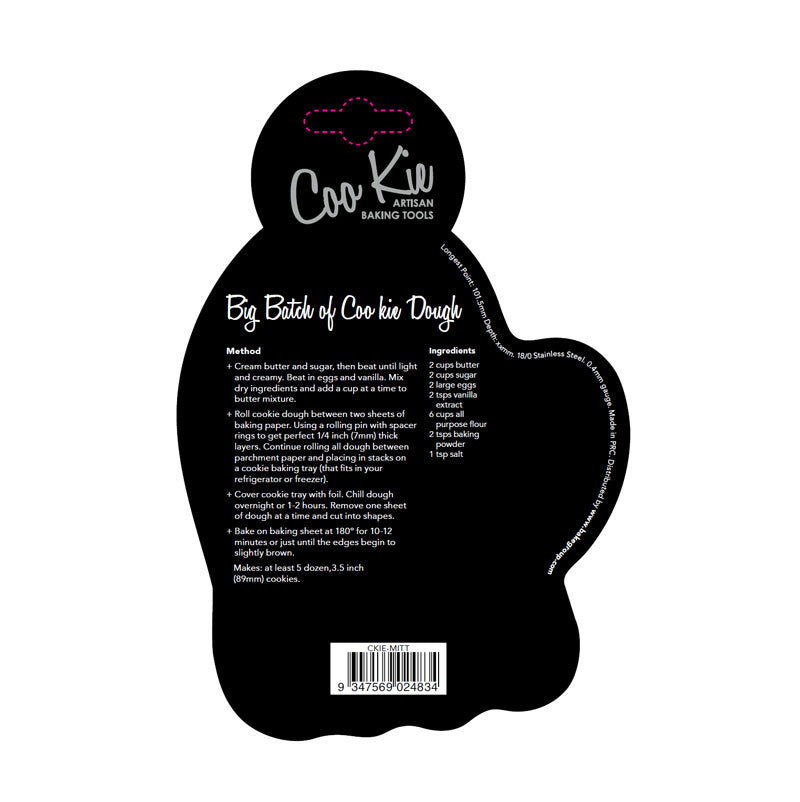 Image of the back of the jumper cookie cutter cardboard backing, with a recipe in white text. Shown against a white backdrop. 