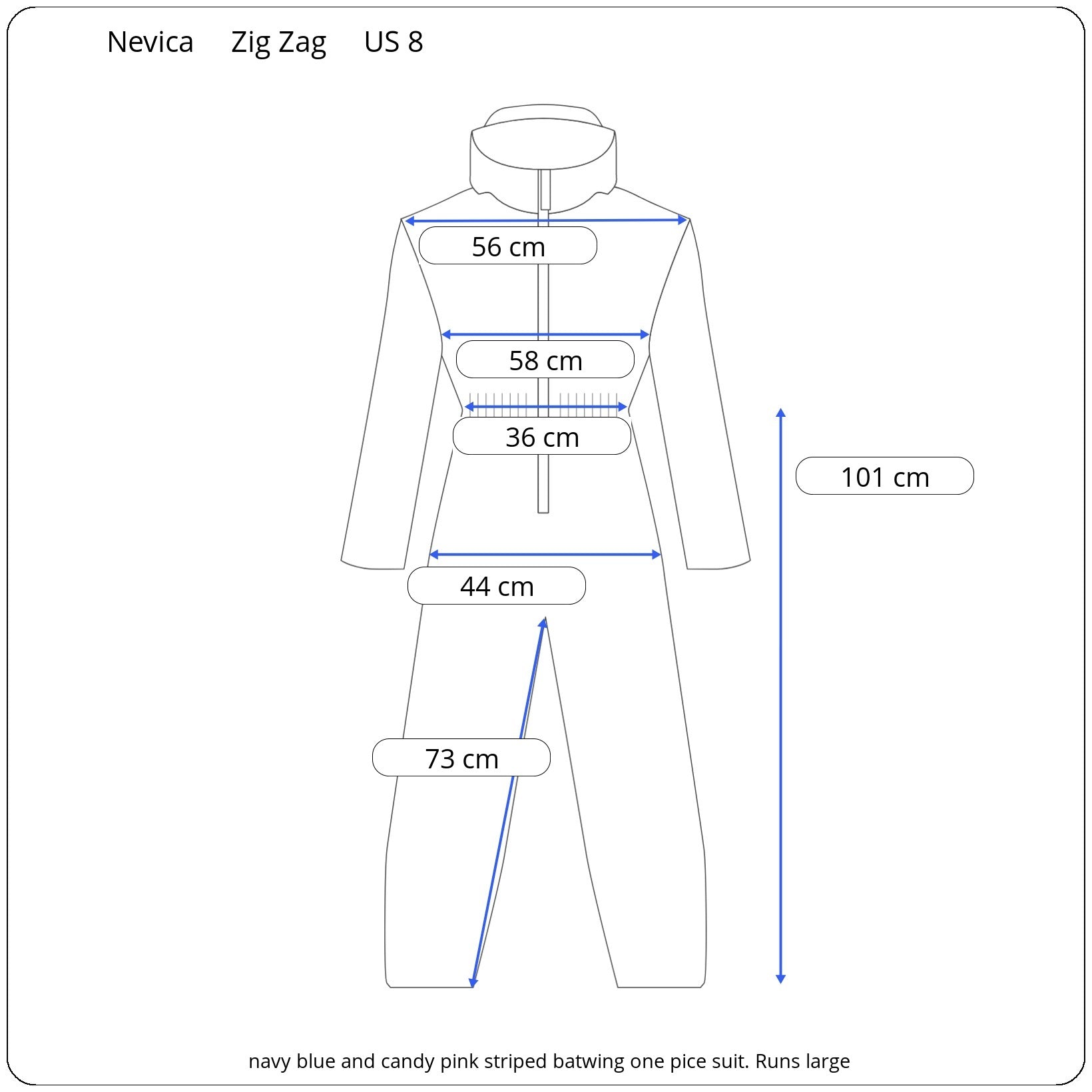 Nevica 'ZigZag' Navy Blue & Purple Striped One Piece Ski Suit Measurements
