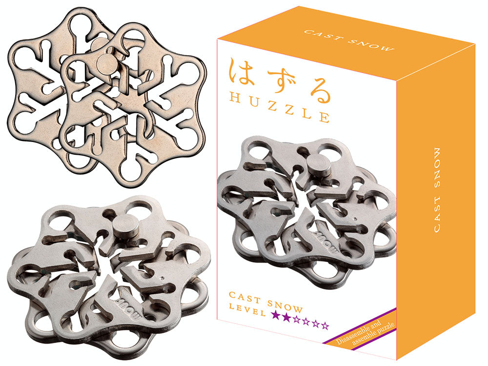 Photo of the Hanayama Snowflake Huzzle Puzzle 3 ways: in it’s box, view of the puzzle front on and of the puzzle from above