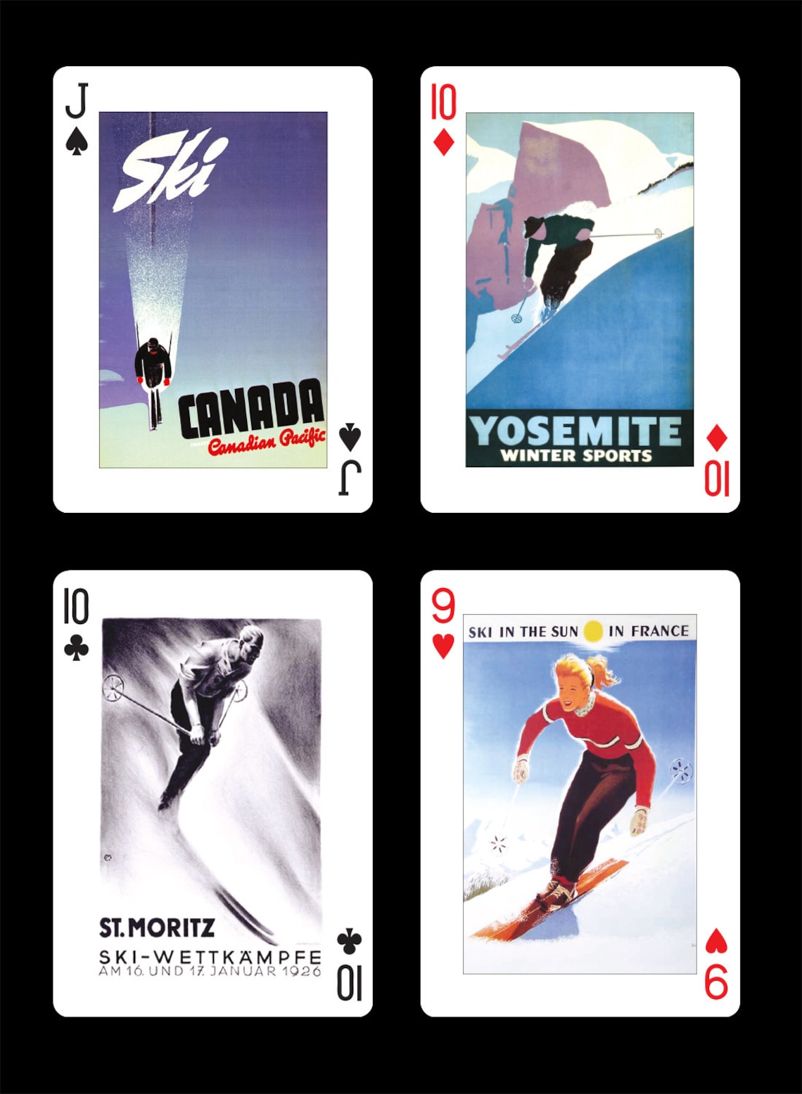Image of 4 paying cards with art from famous vintage transport and sporting posters. Canada Canadian Pacific, Yosemite Winter Sports, St Moritz & Ski in the sun in France.