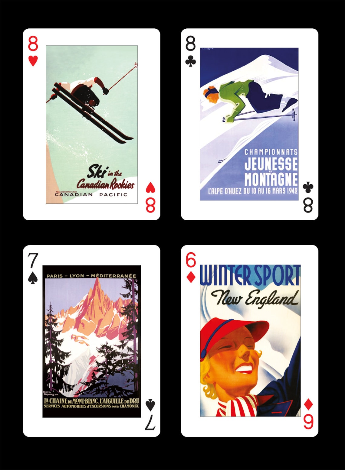 Image of 4 paying cards with art from famous vintage transport and sporting posters. Ski in the Canadian Pacific, Championnats Jeunesse Montagne, Paris Lyon Mediterranee & Winter Sport New England.