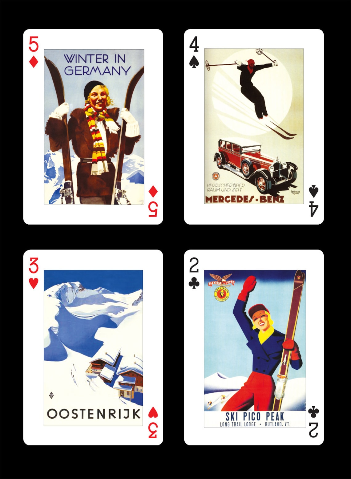 Image of 4 paying cards with art from famous vintage transport and sporting posters. Winter in Germany, Mercedes-Benz, Oostenrijk & Ski Pico Peak