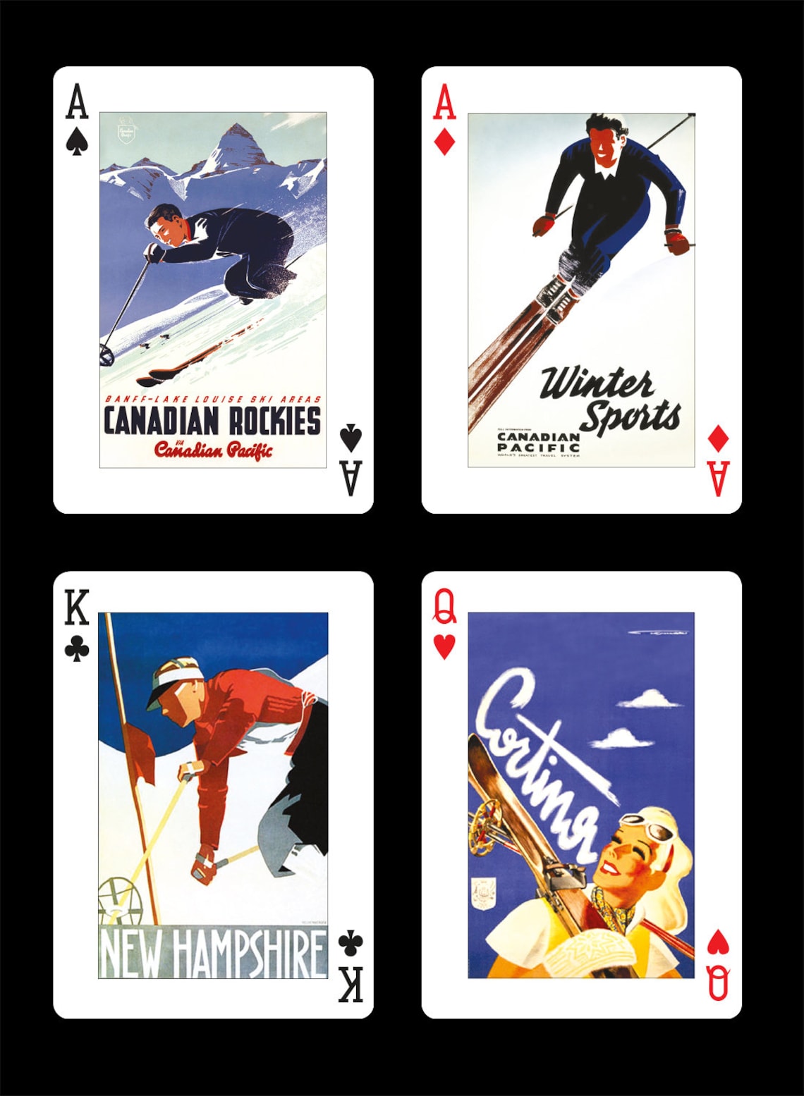 Image of 4 paying cards with art from famous vintage transport and sporting posters. Canadian Rockies Canadian Pacific, Winter Sports Canadian Pacific, New Hampshire & Cortina