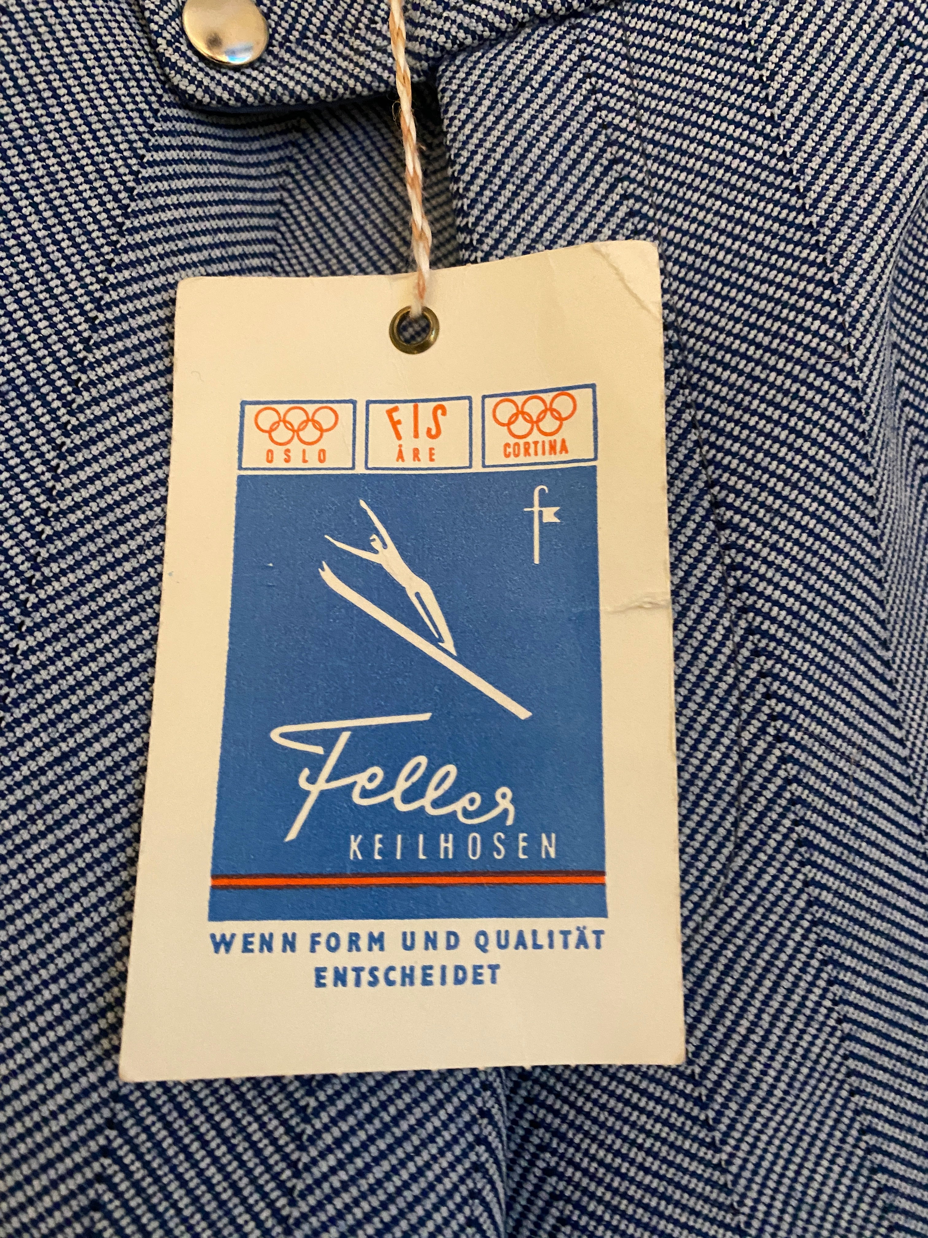 Vintage Feller Keilhosen Blue Herringbone Snow Pants, 1950's sales tag front