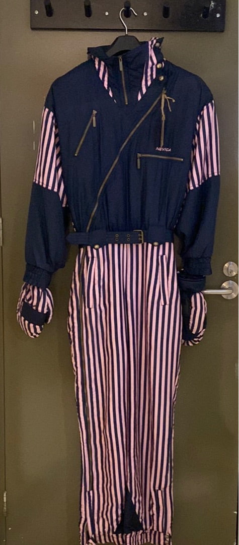 Nevica 'ZigZag' Navy Blue & Purple Striped 1 Piece Ski Suit Matching Gloves, front