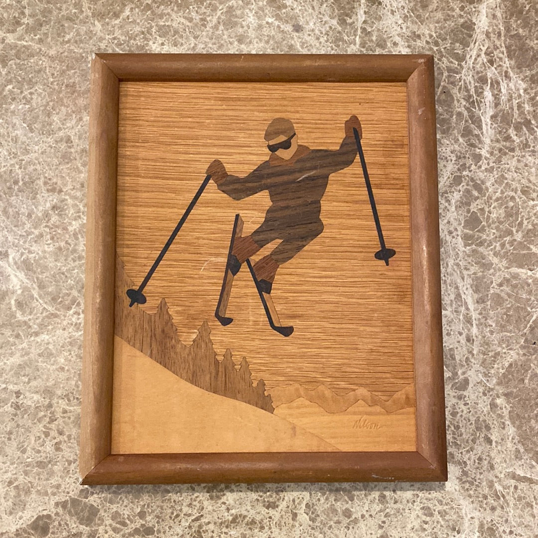 Vintage Wood Inlay Skier in Frame, front