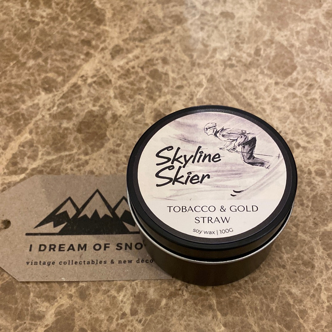 'Skyline Skier' Tobacco & Gold Straw Mini Travel Tin Candle