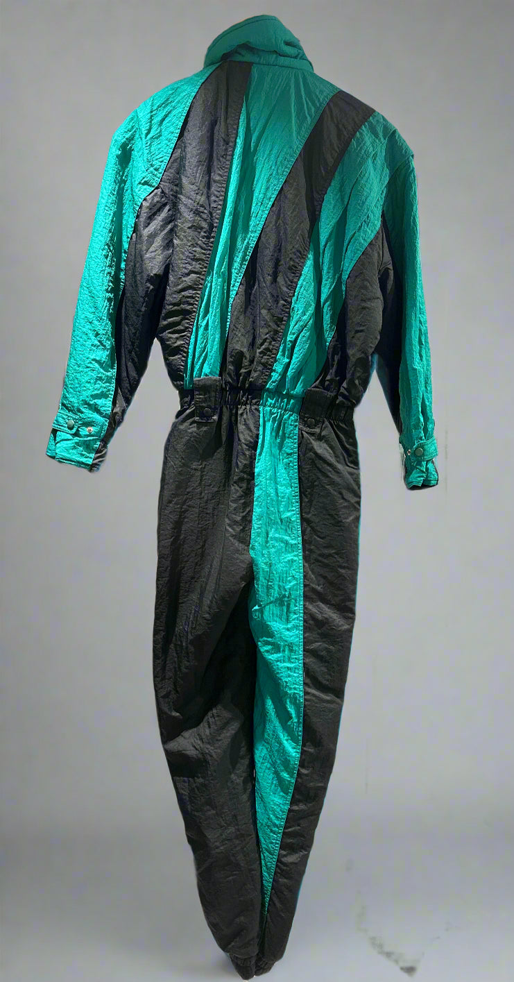 Tyrolia by Head Black & Green Asymmetrical Stripe 1-Piece Ski Suit. Back