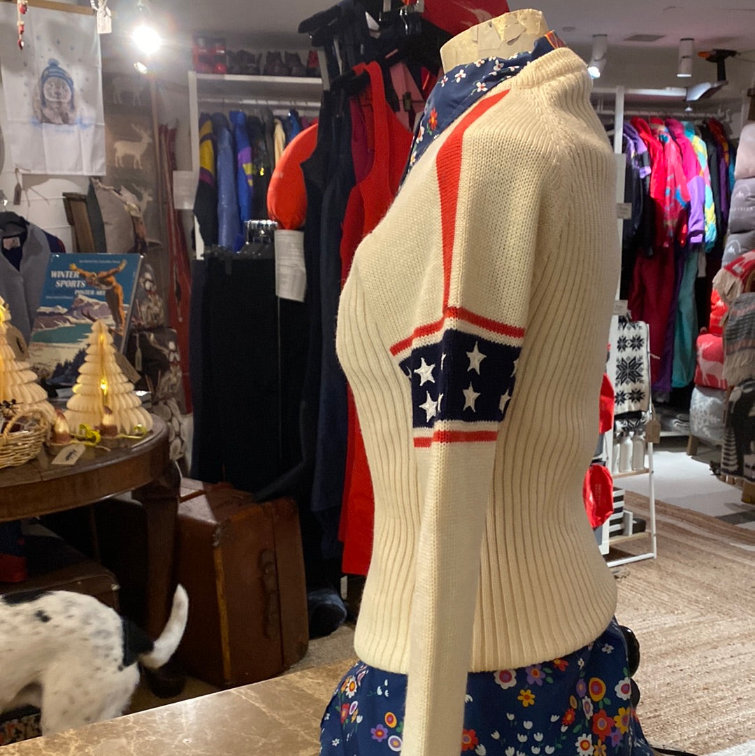 Vintage Obermyer Cream Jumper with Red & Blue stars and stripes details. Side view
