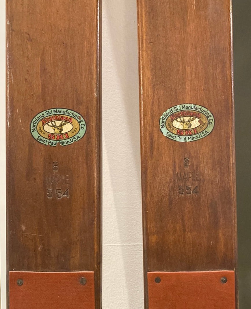 Vintage Maple Northland Touring Skis 179cm. Front view, close up of brand logo & engraving