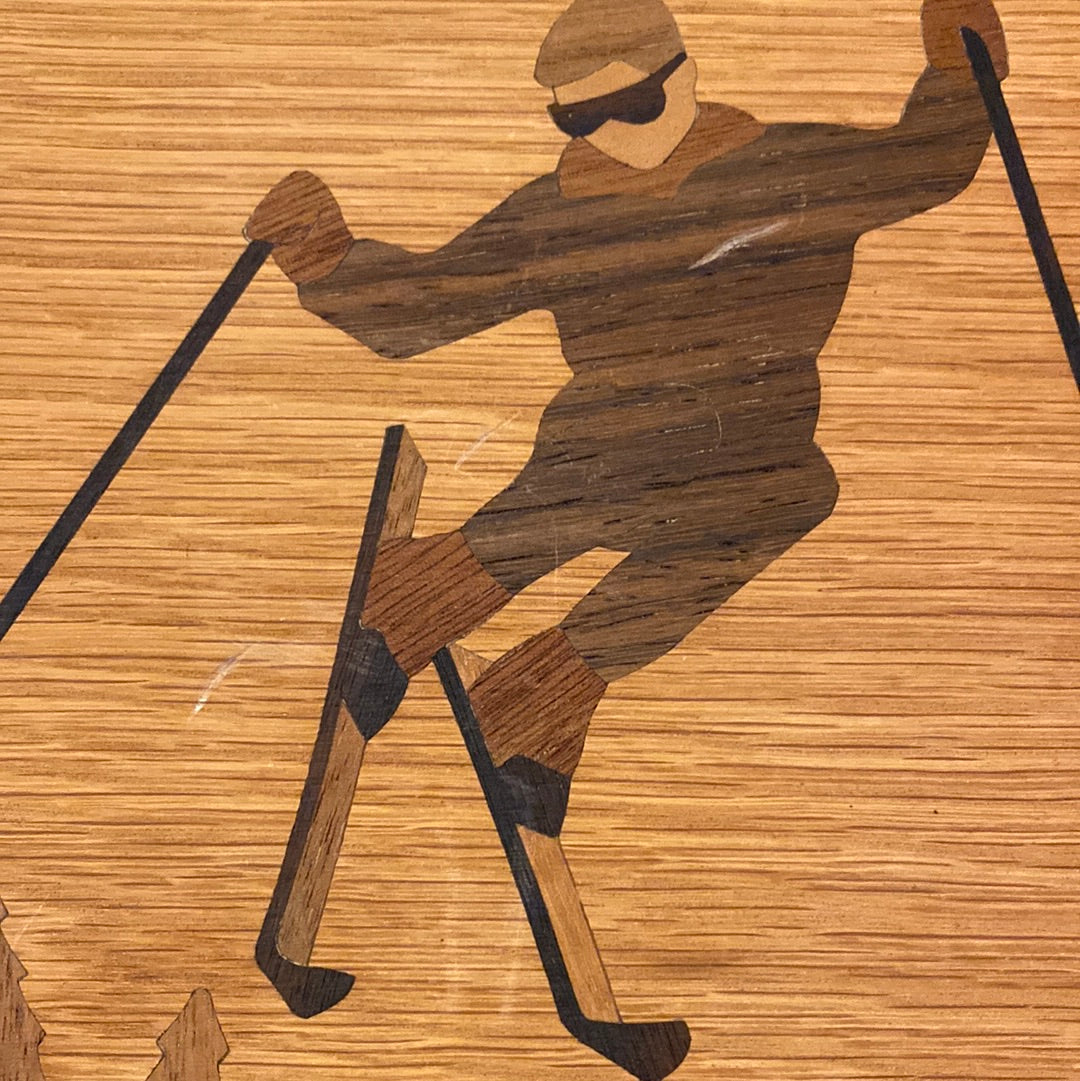 Vintage Wood Inlay Skier in Frame, front close up