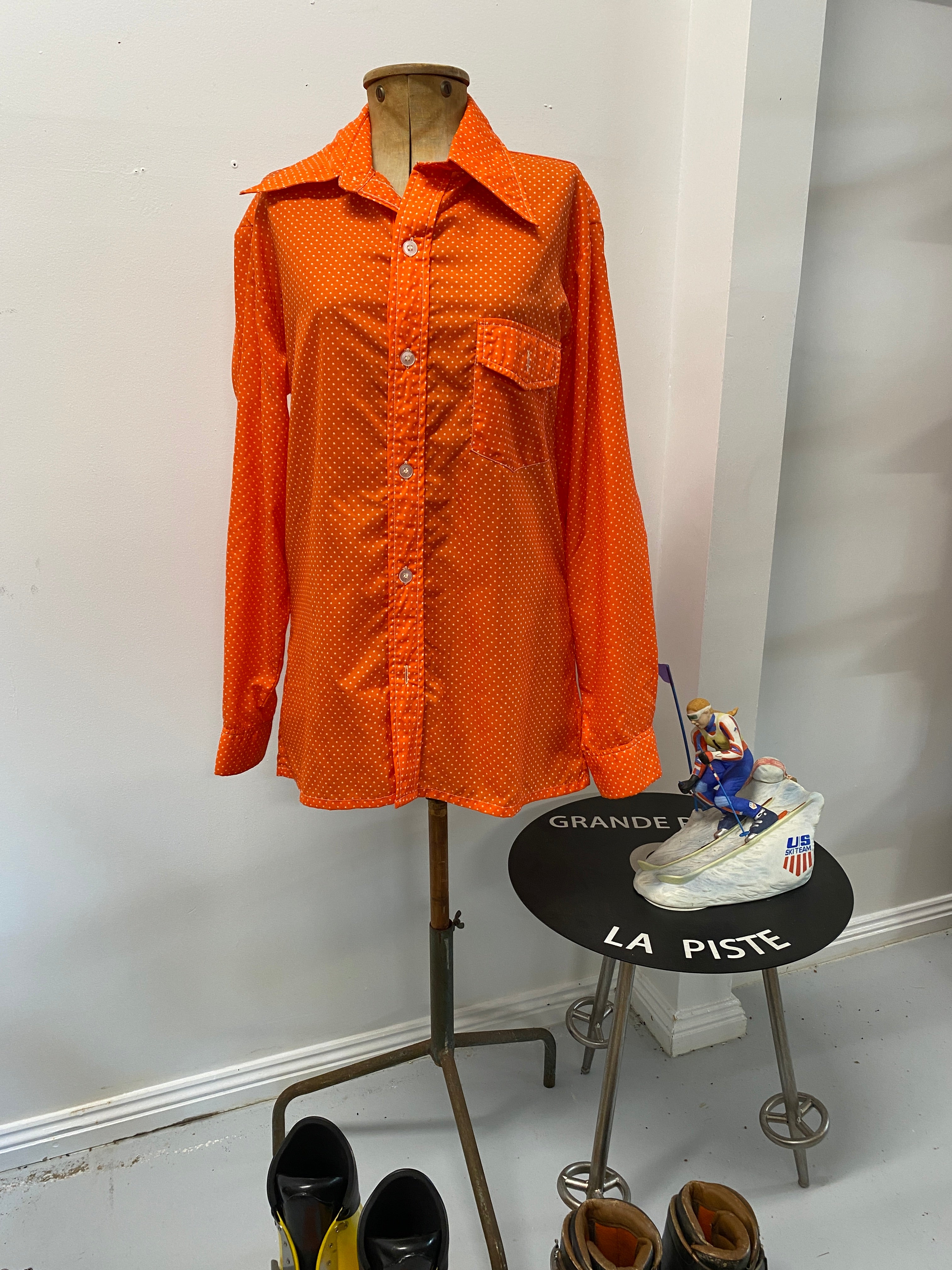 Vintage Obermyer orange & white polka dot wind shirt, front view