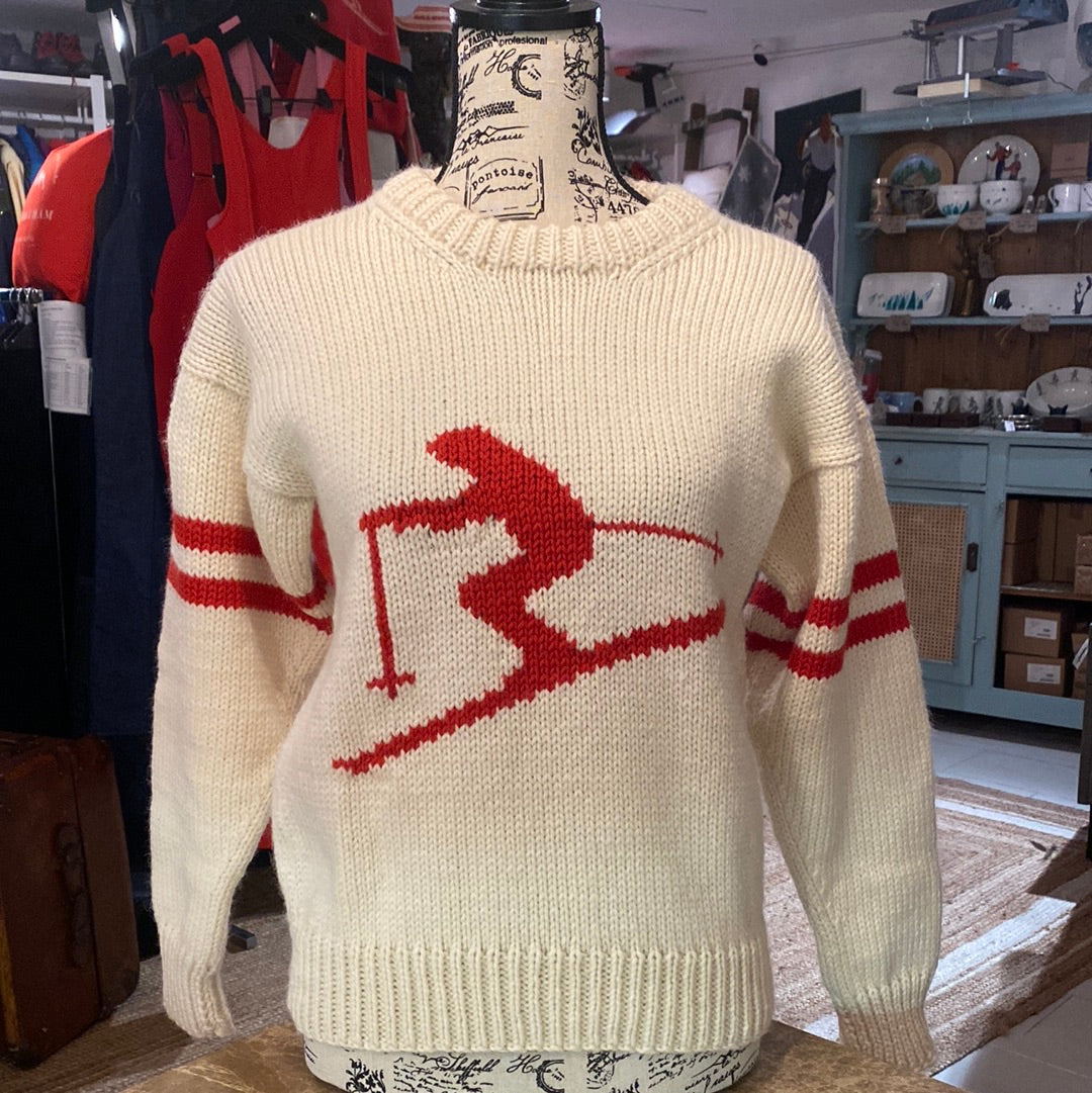 Truckee River Llama Ranch Vintage Cream Chunky Knit Ski Jumper with Red Skier
