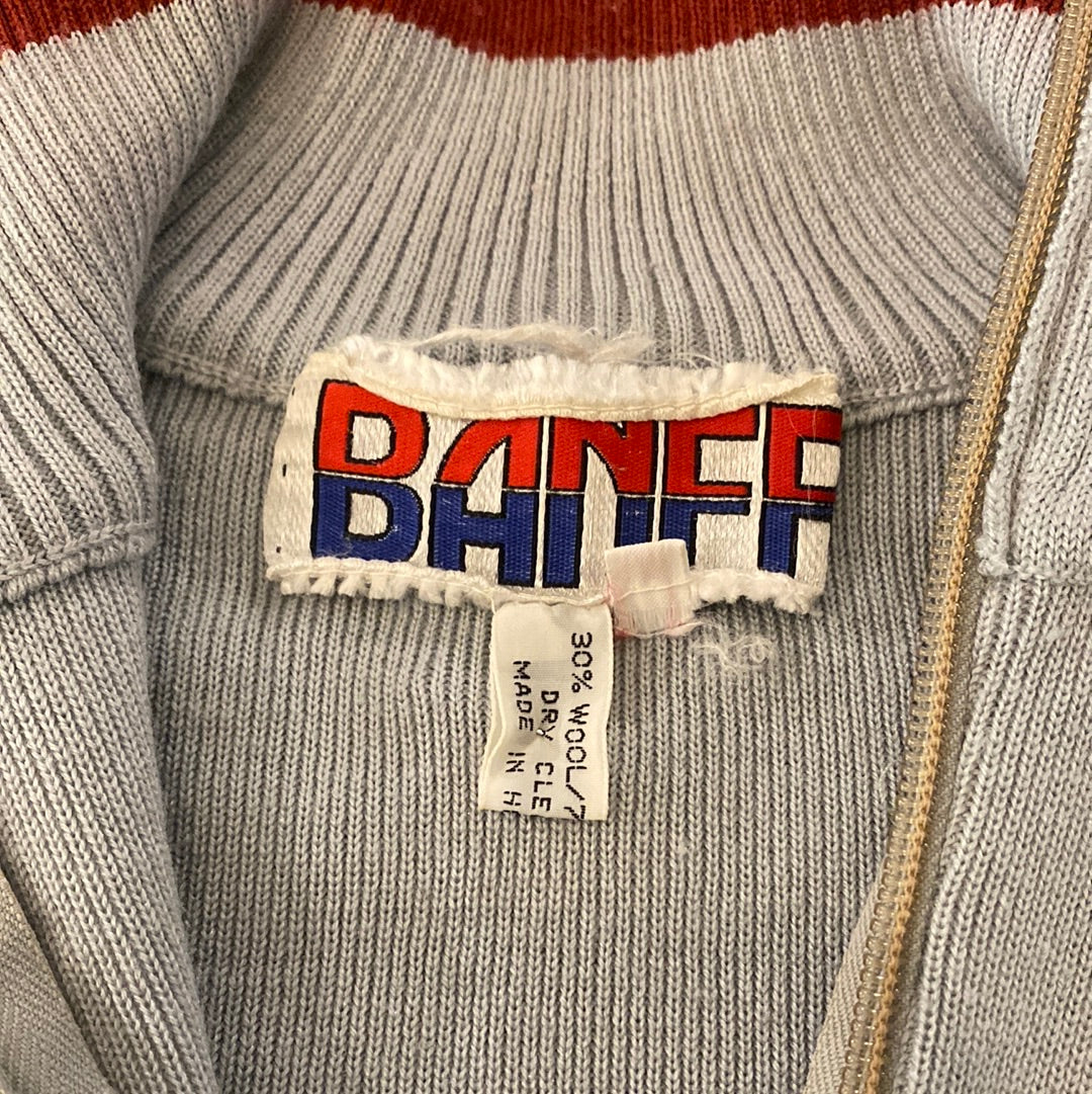 Vintage Banff Grey Blue Red Jumper. Close up of label