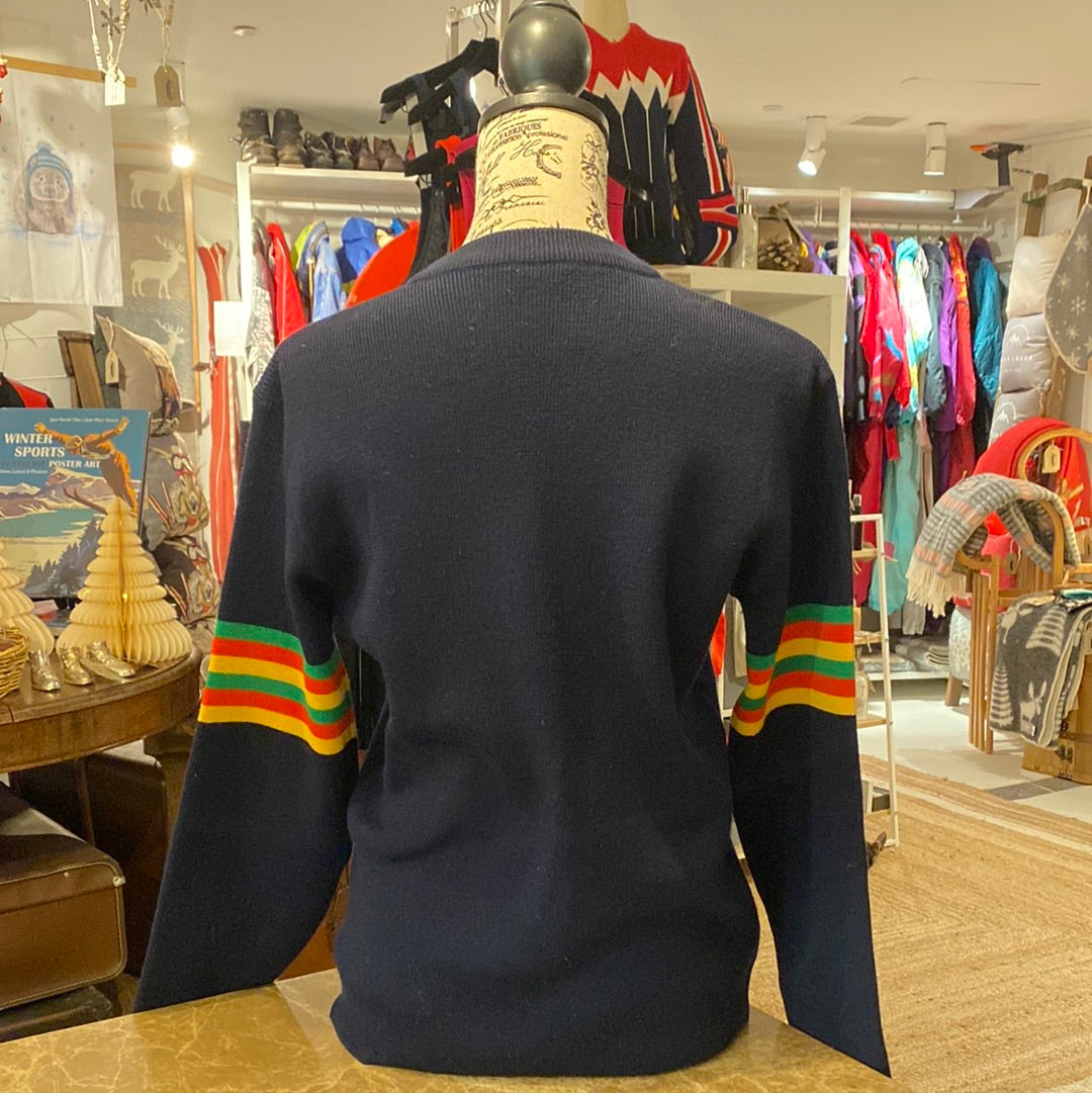 Vintage Bogner Navy Blue with Red, Yellow & Green Stripes Jumper, back view