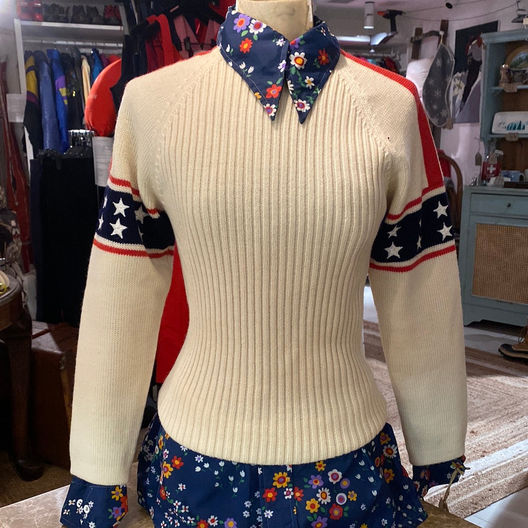 Vintage Obermyer Cream Jumper with Red & Blue stars and stripes details. Front View