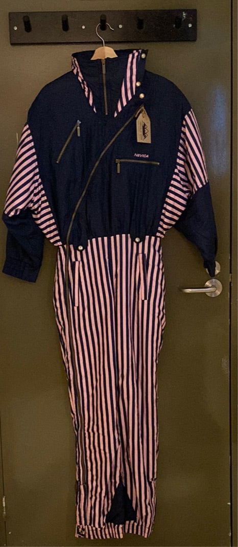 Nevica 'ZigZag' Navy Blue & Purple Striped One Piece Ski Suit, front