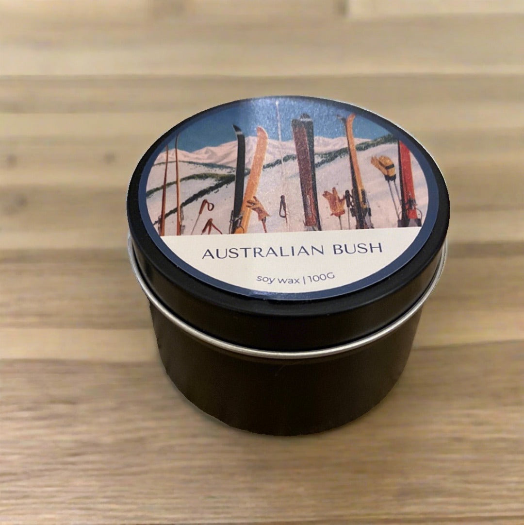 Mini candle tin, Australian Bush scent on wooden bench