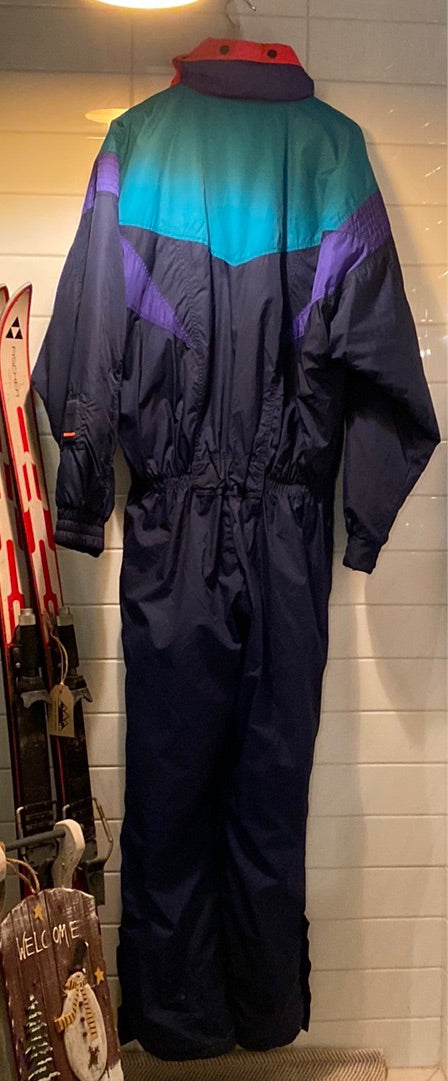 Vintage Nevica Navy Blue, Royal Blue, Teal & Purple 1-Piece Ski Suit (Rent)