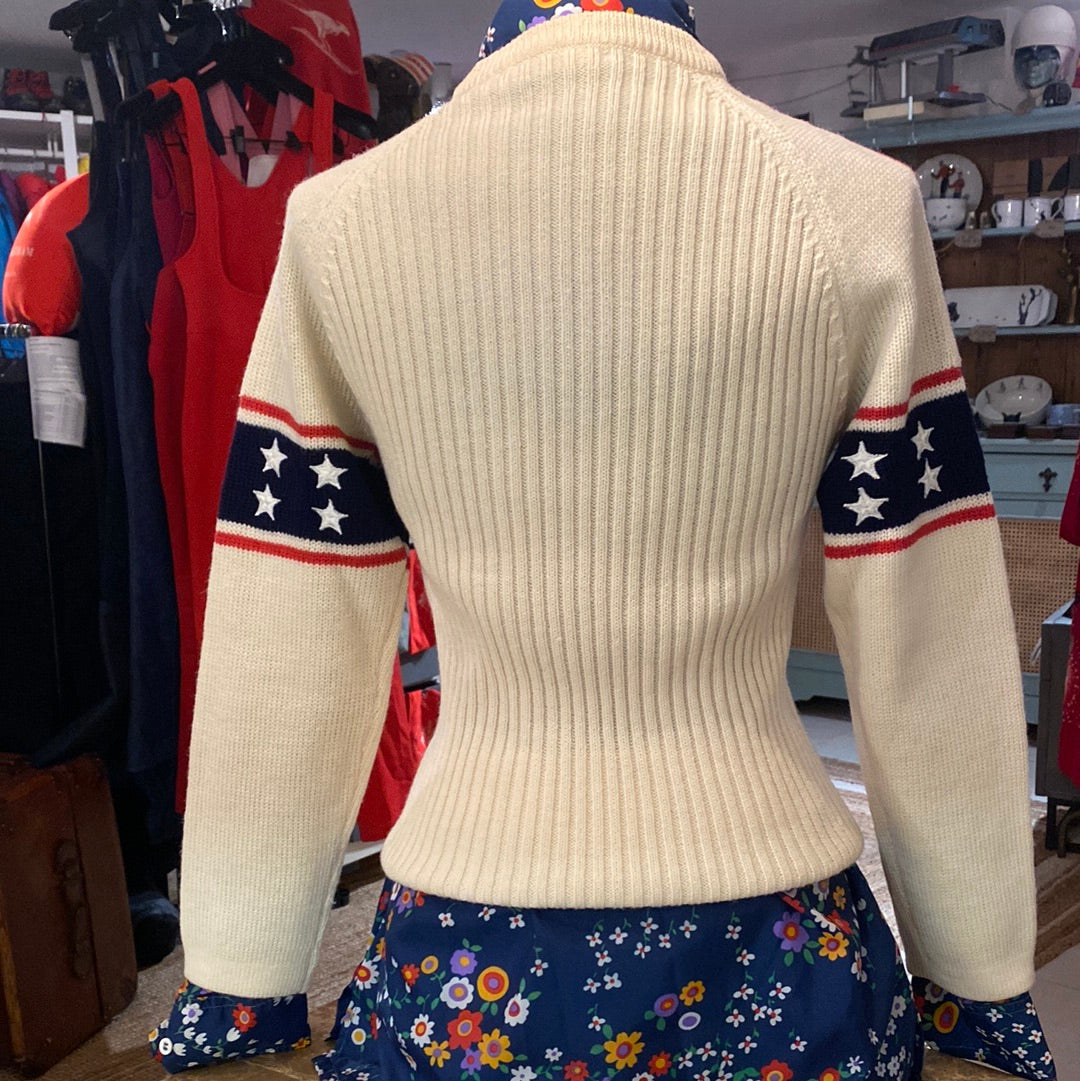 Vintage Obermyer Cream Jumper with Red & Blue stars and stripes details. Back View