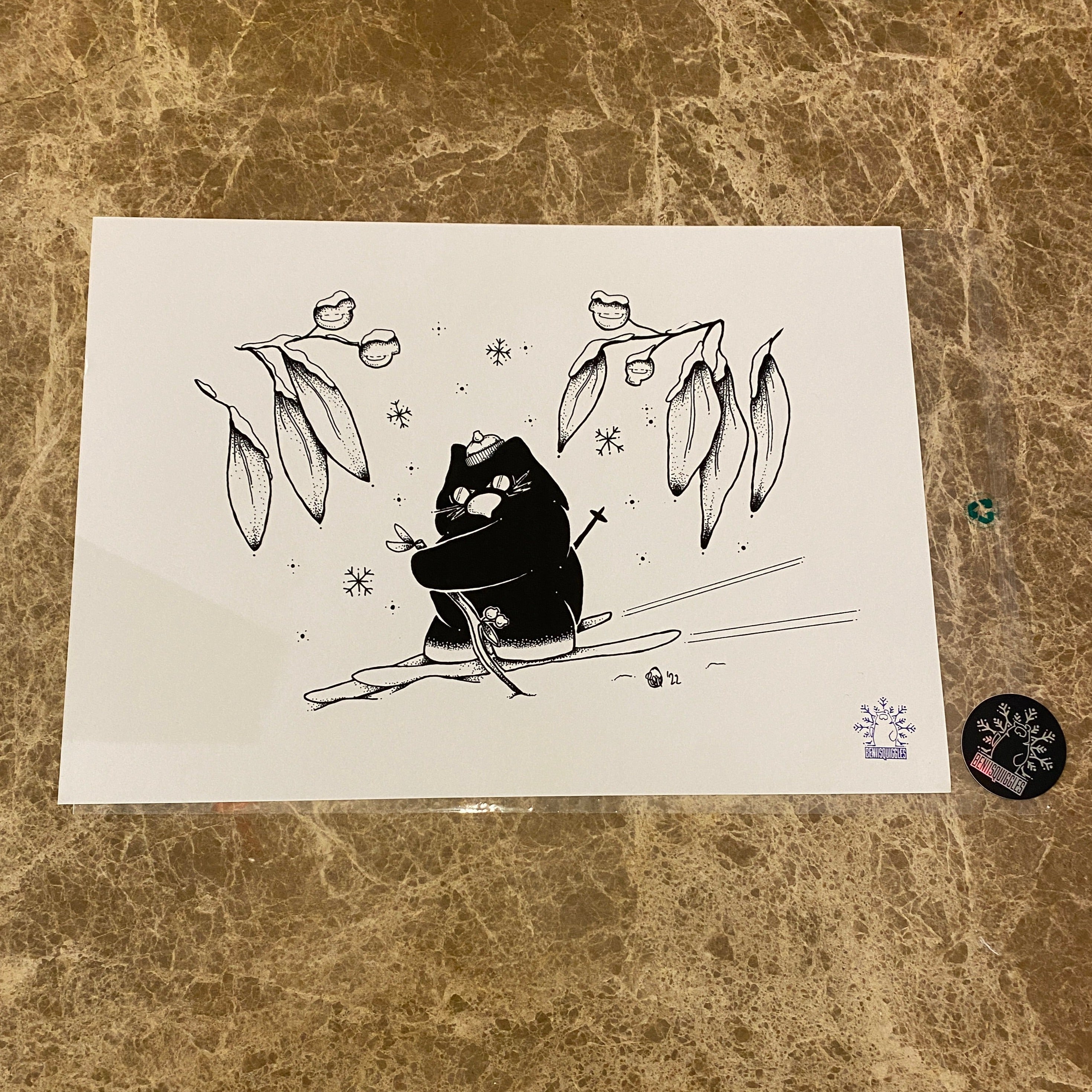 Agent W the skiing wombat amongst snowgums Art Print, outside of protective plastic envelope.