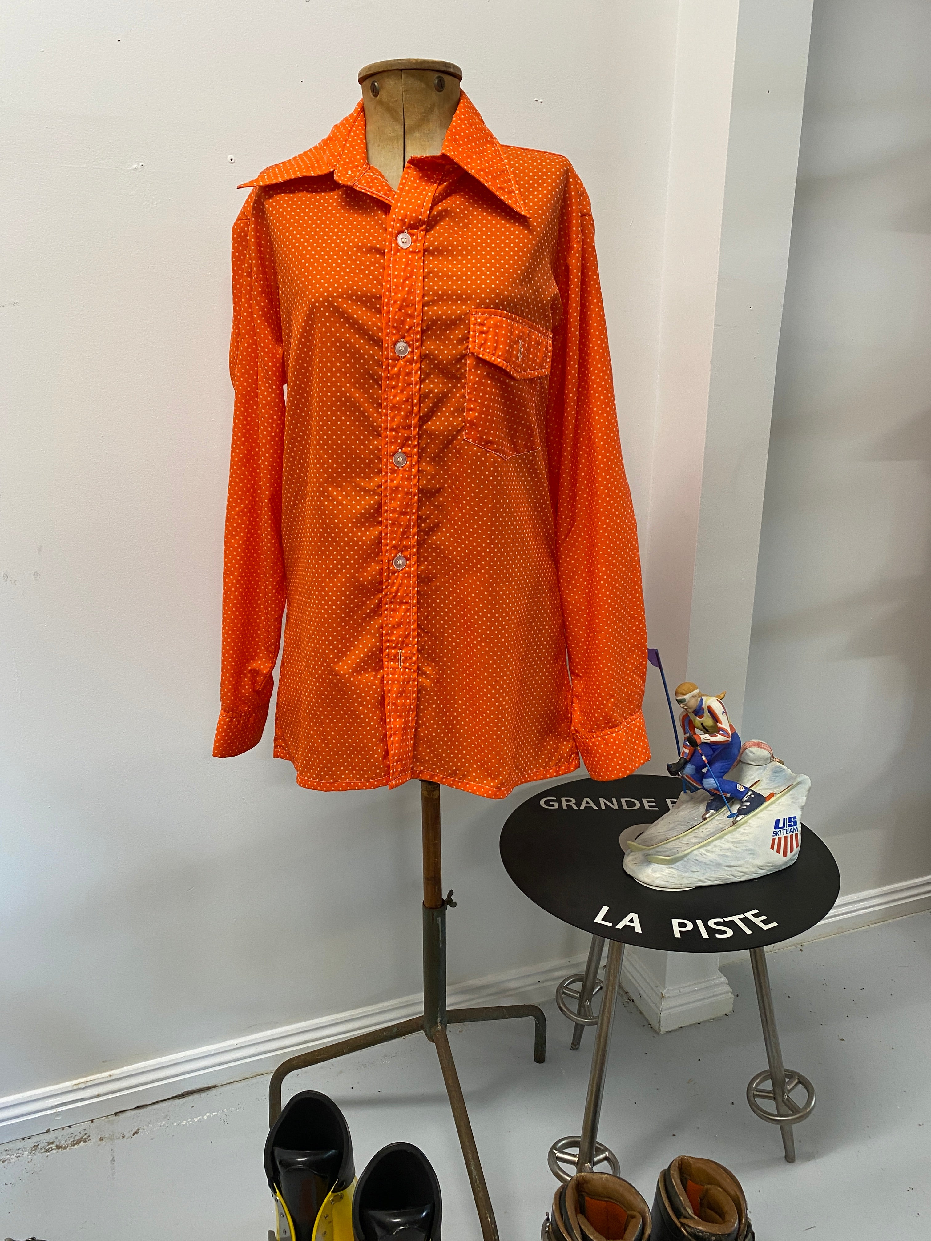 Vintage Obermyer orange & white polka dot wind shirt