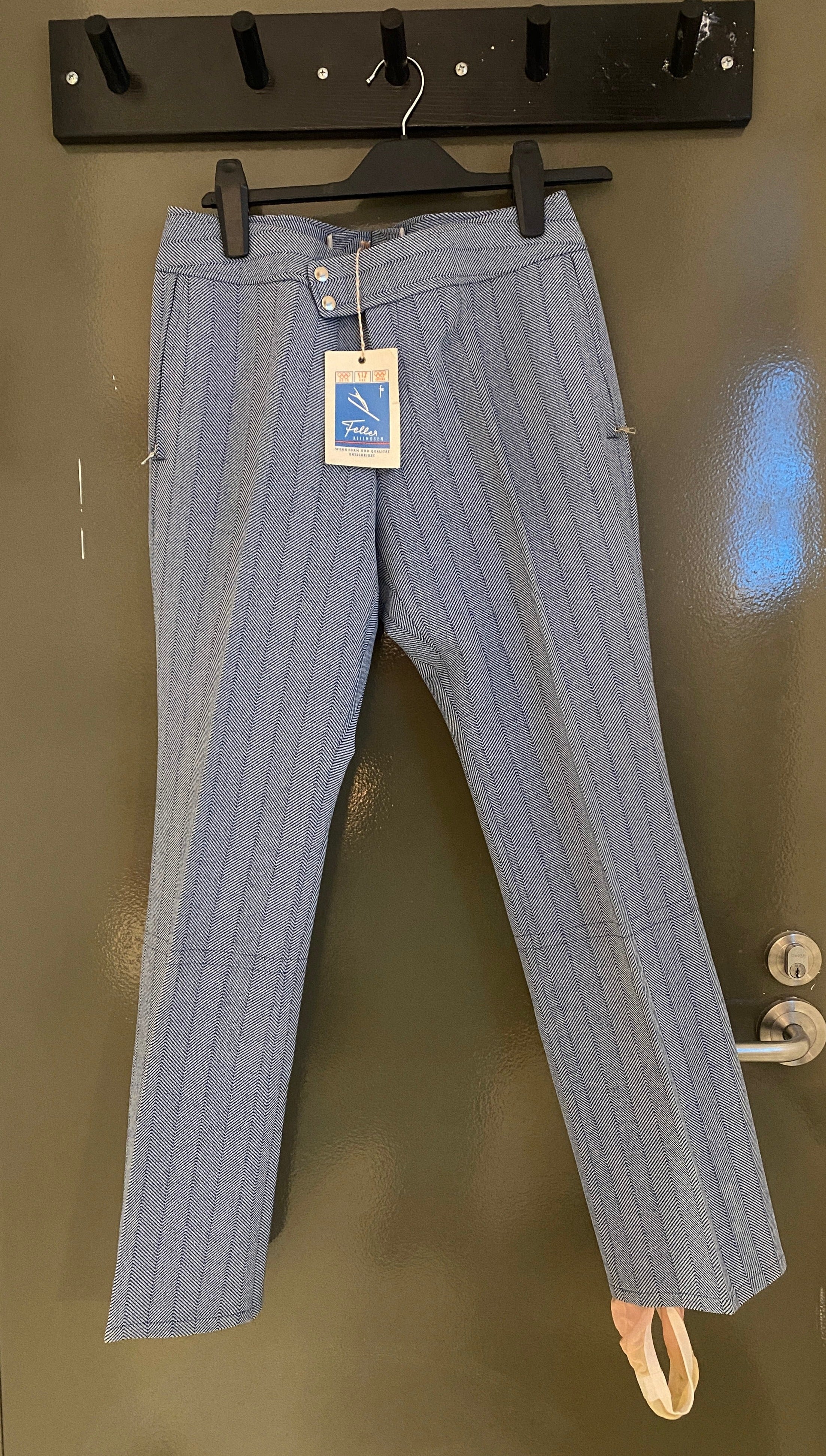 Vintage Feller Keilhosen Blue Herringbone Snow Pants, front view