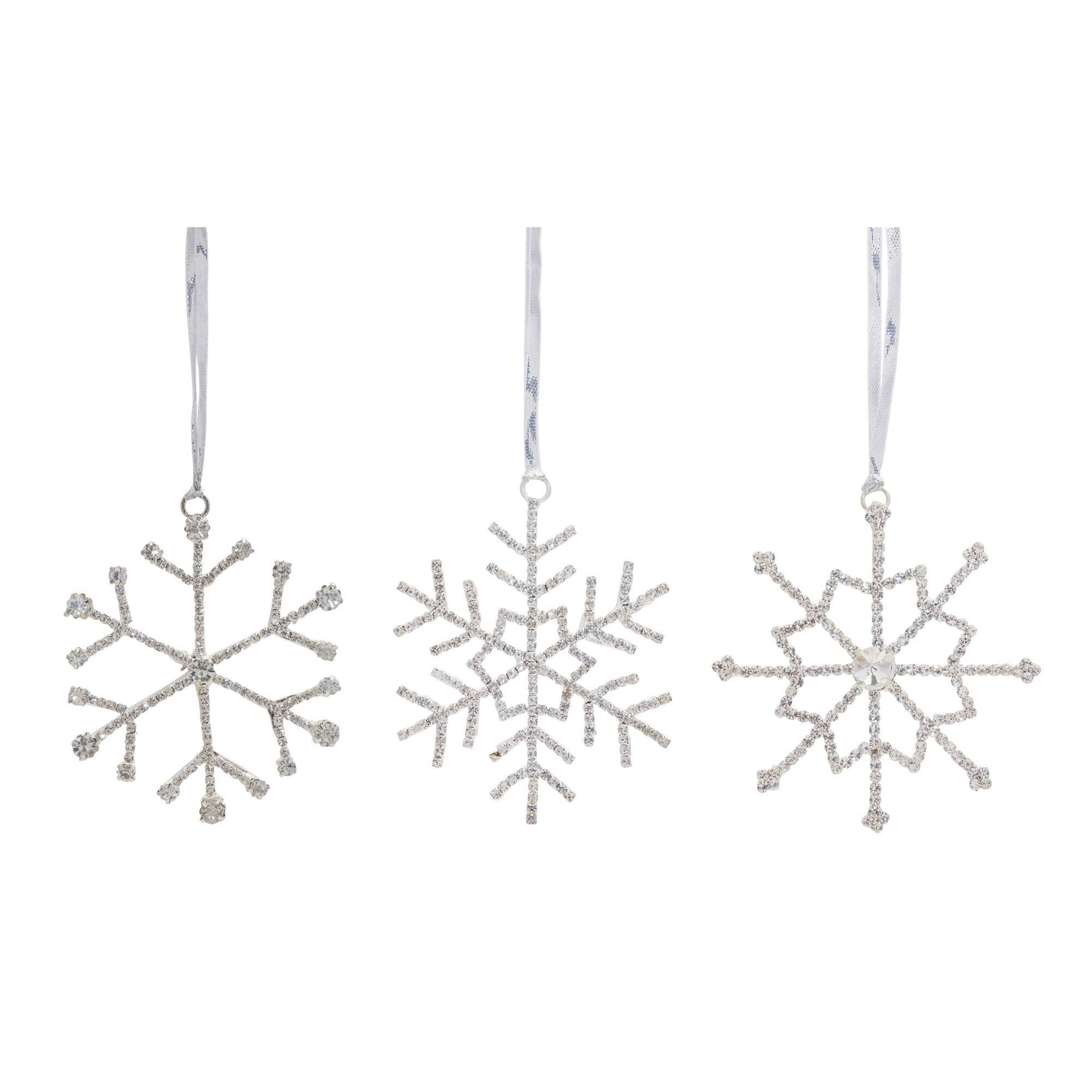 Jewel Snowflake steel and glass hanging ornaments, white background