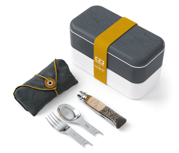 outdoor lunch box filled with food and the cutlery handle and knife/spoon/fork kit and napkin on a white background 