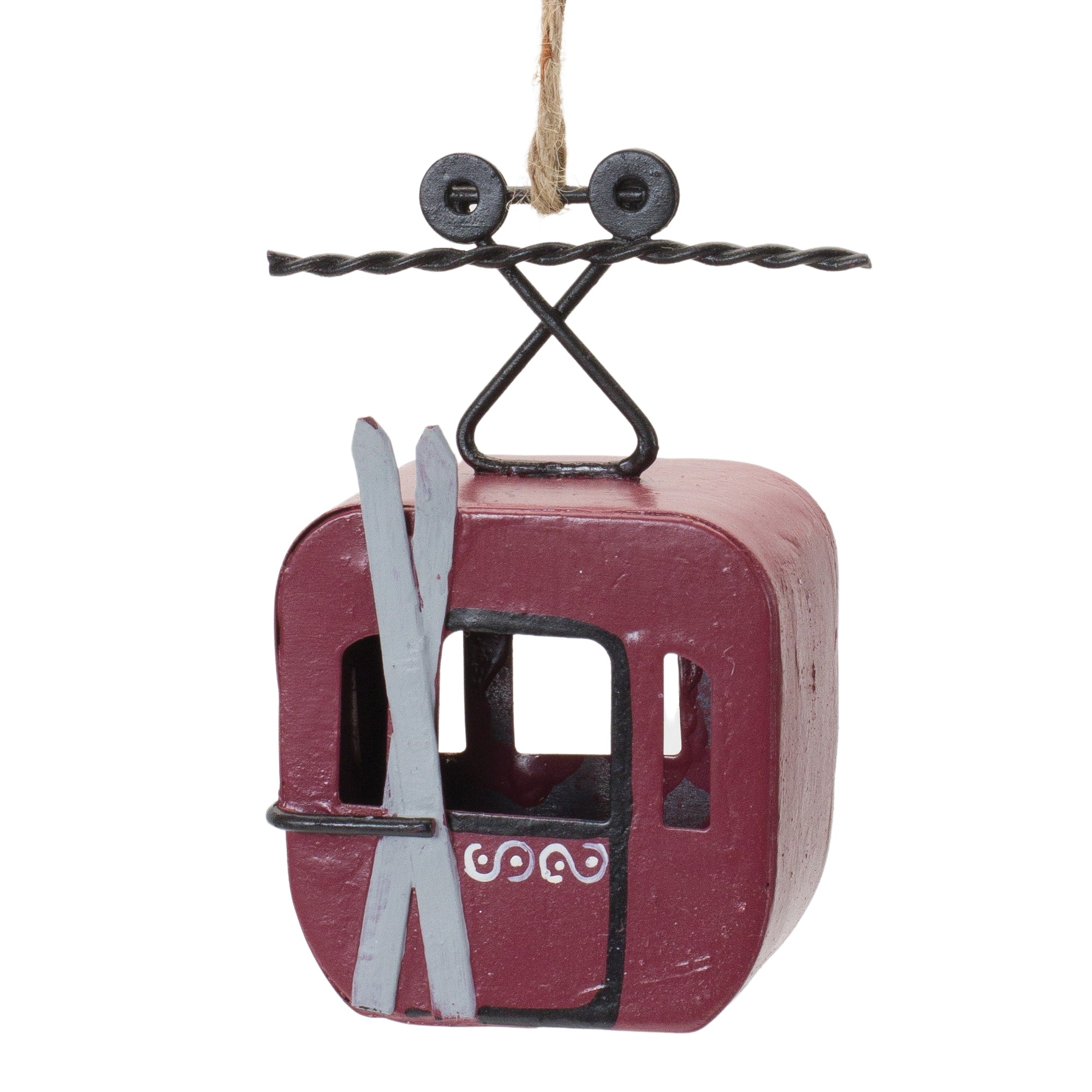 Red metal cable car (gondola) with skis hanging ornament. 