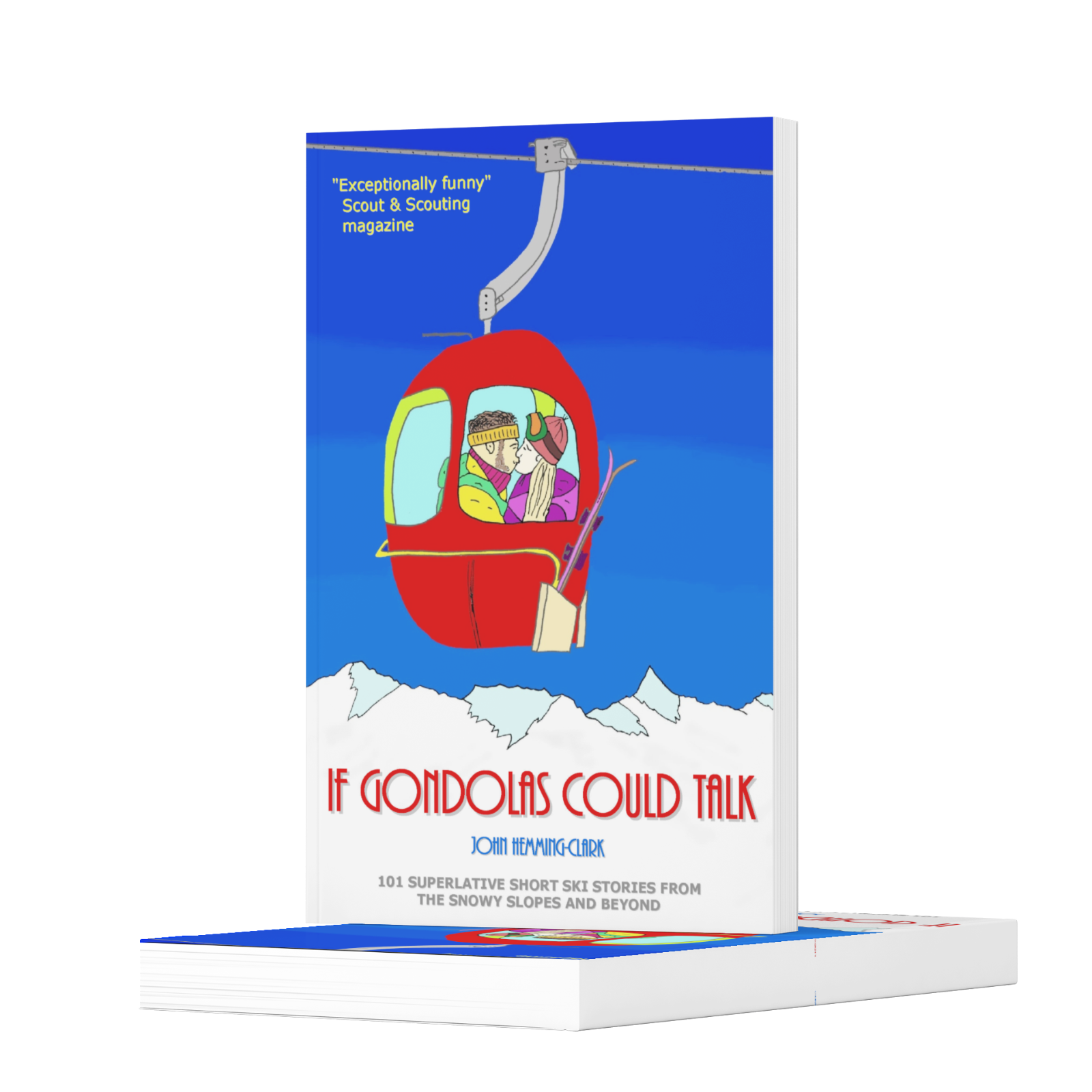 Book cover showing a red gondola with a couple inside kissing, above a snow capped mountain and blue sky, resting on top of the same book