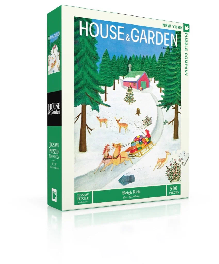 This image shows the front of the sleigh ride puzzle box on a tilted angle allowing sight of the side of the box as well. 